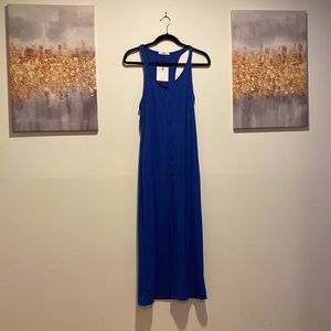 Blue Dress, two straps, button up with slit under knees till the feet.